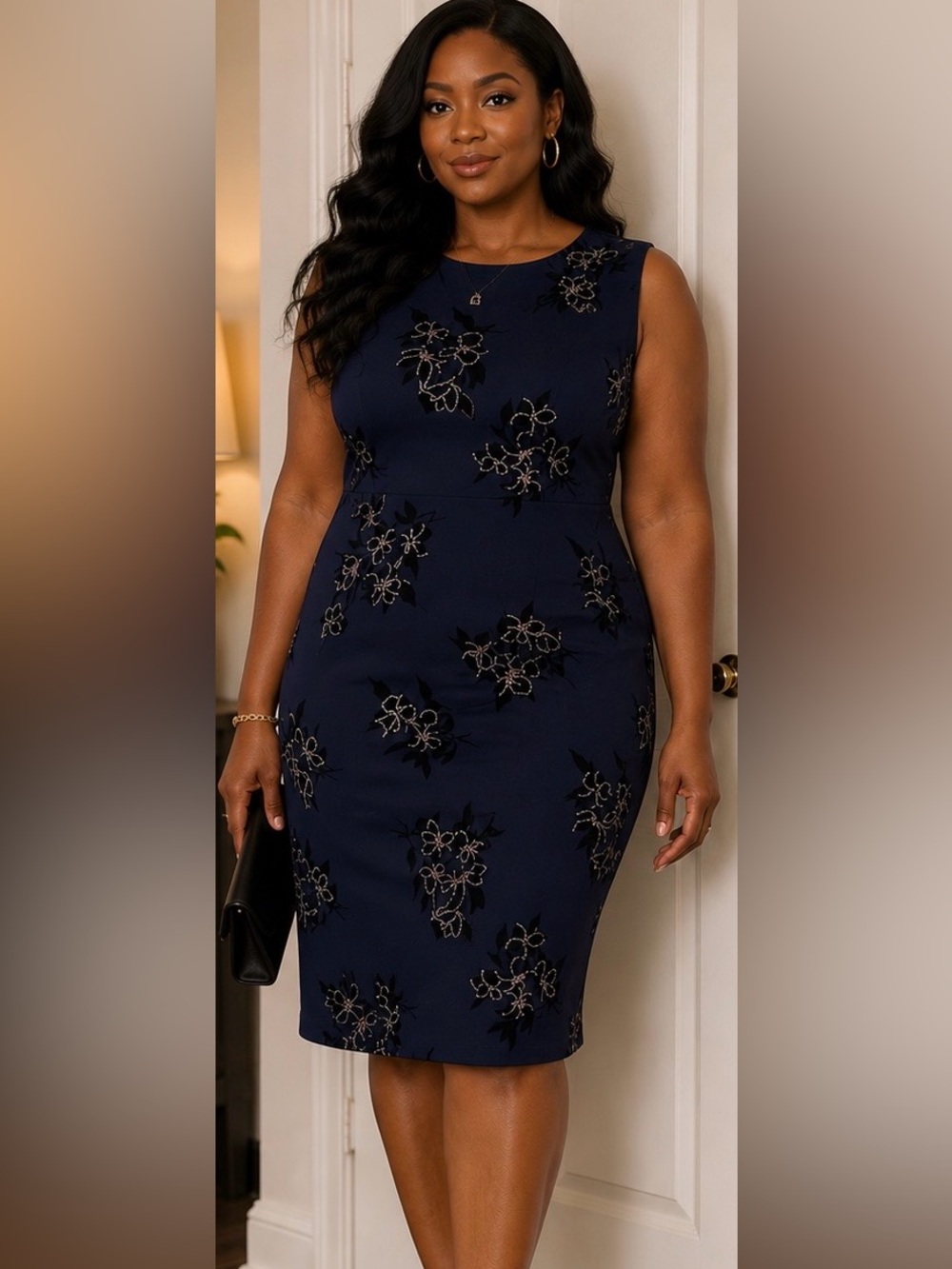 Olivia Matthews Navy Floral Midi Sheath Dress